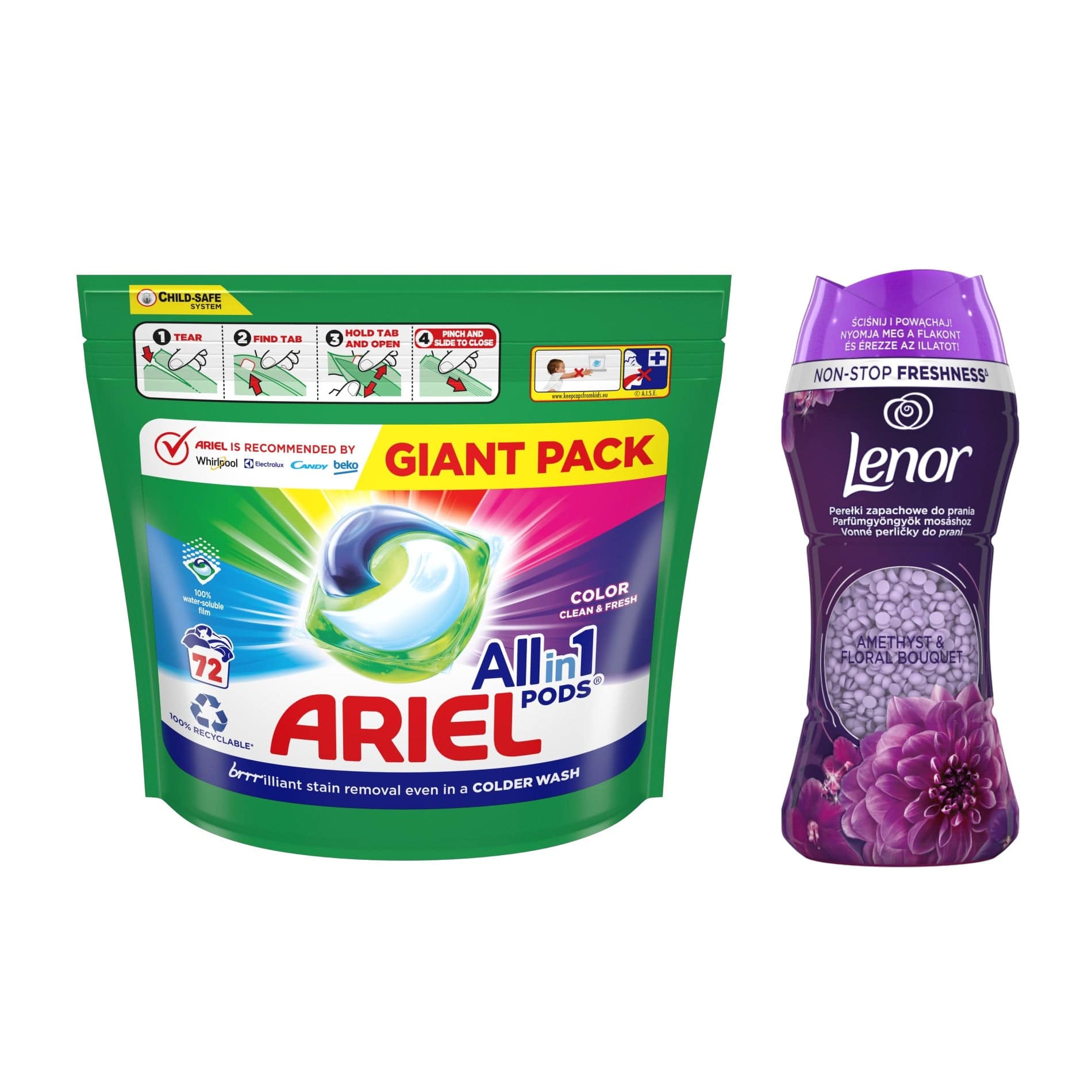 Produkt ARIEL Kapsułki do prania Kapsułki do prania ARIEL All-in-1 pods 72 szt + Perełki zapachowe LENOR 210 g Z00386