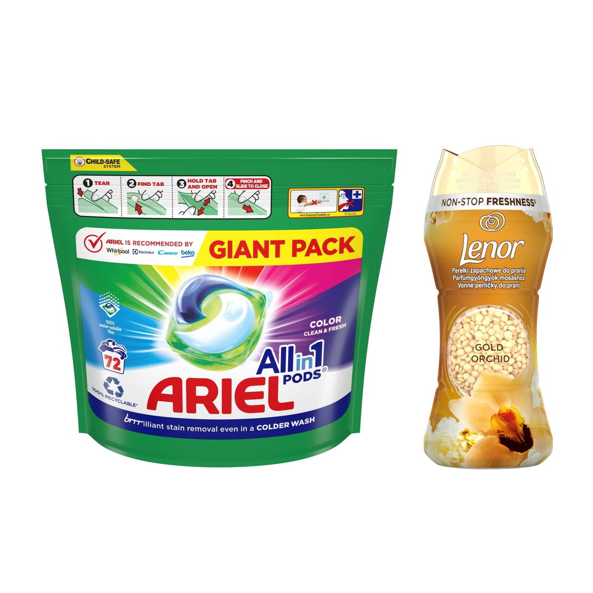 Produkt ARIEL Kapsułki do prania Kapsułki do prania ARIEL All-in-1 pods 72 szt + Perełki zapachowe LENOR 210 g Z00387