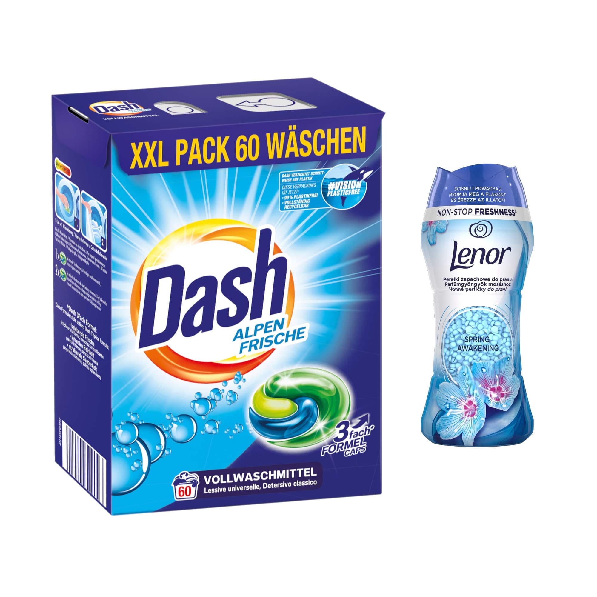 Produkt DASH Kapsułki do prania Kapsułki do prania DASH Alpen Frische 60 szt + Perełki LENOR 210 g Z00380