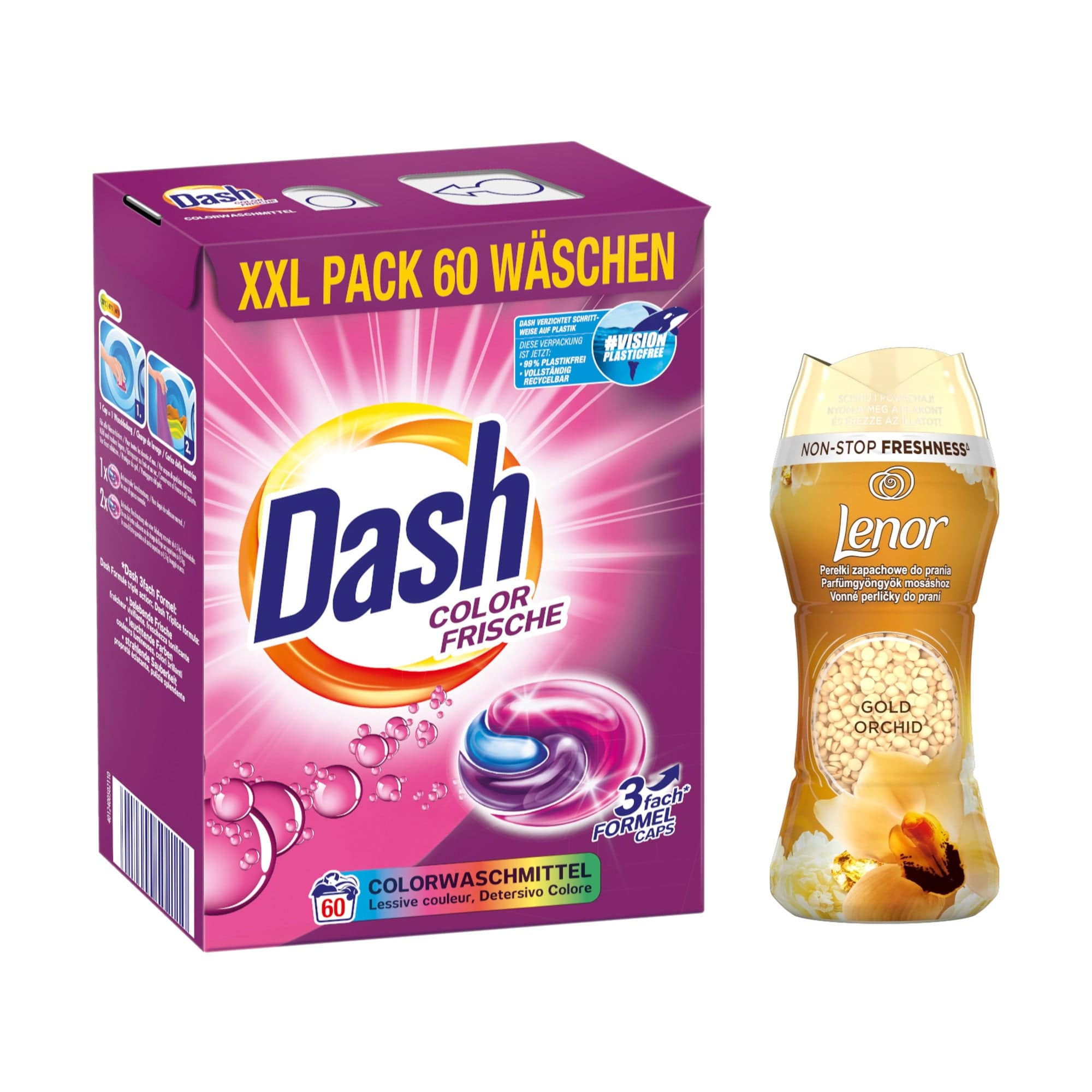 Produkt DASH Kapsułki do prania Kapsułki do prania DASH Color 3in1 60 szt + Perełki zapachowe LENOR Gold 210 g Z00381