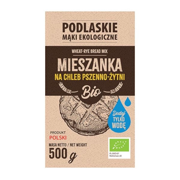 Produkt PODLASKIE MĄKI EKOLOGICZNE Mąka PODLASKIE MĄKI EKOLOGICZNE Mieszanka na chleb pszenno-żytni BIO 500g 046737