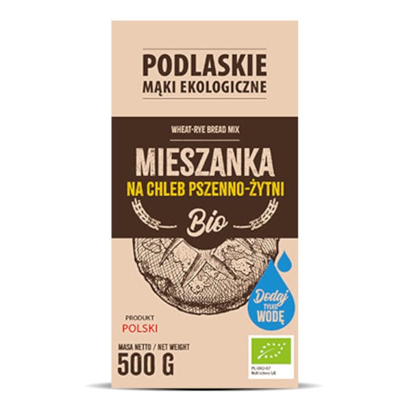 Produkt PODLASKIE MĄKI EKOLOGICZNE Mąka PODLASKIE MĄKI EKOLOGICZNE Mieszanka na chleb pszenno-żytni BIO 500g 046737