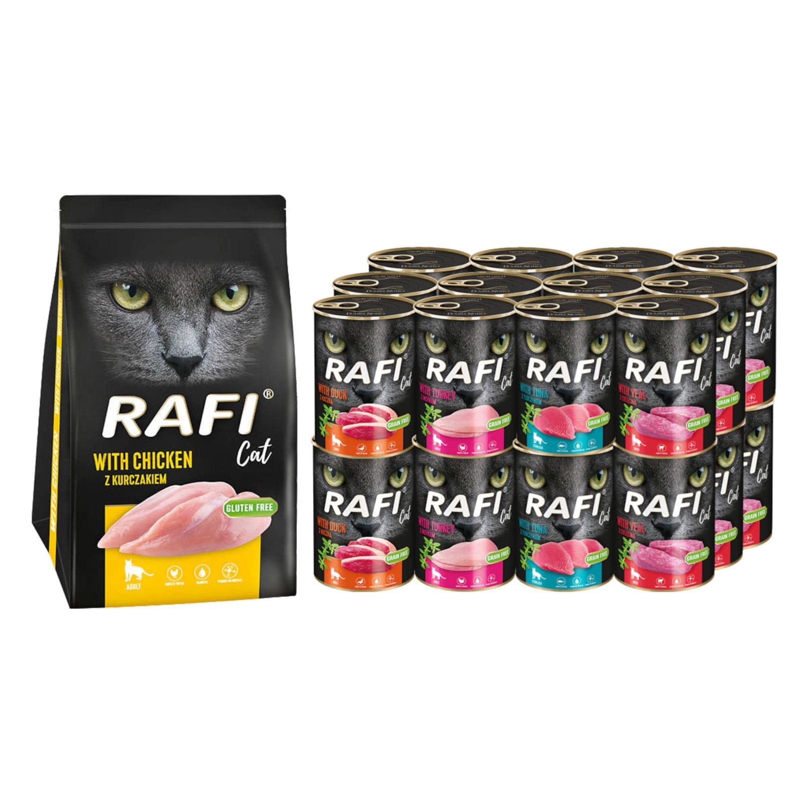 Produkt RAFI Mokra karma dla kota Karma dla kota RAFI Mokra MIX smaków 24x 400 g + Sucha z kurczakiem 1,5 kg Z00369