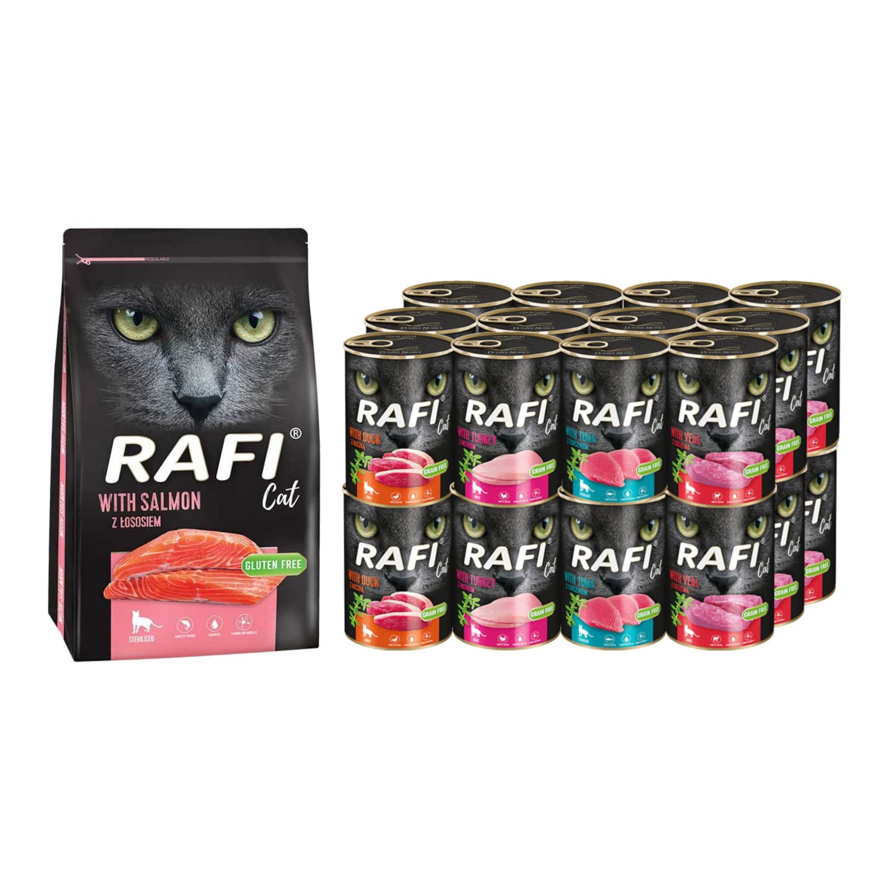 Produkt DOLINA NOTECI Mokra karma dla kota Karma dla kota RAFI Mokra MIX smaków 24x 400 g + Sucha z łososiem 1,5 kg Z00367