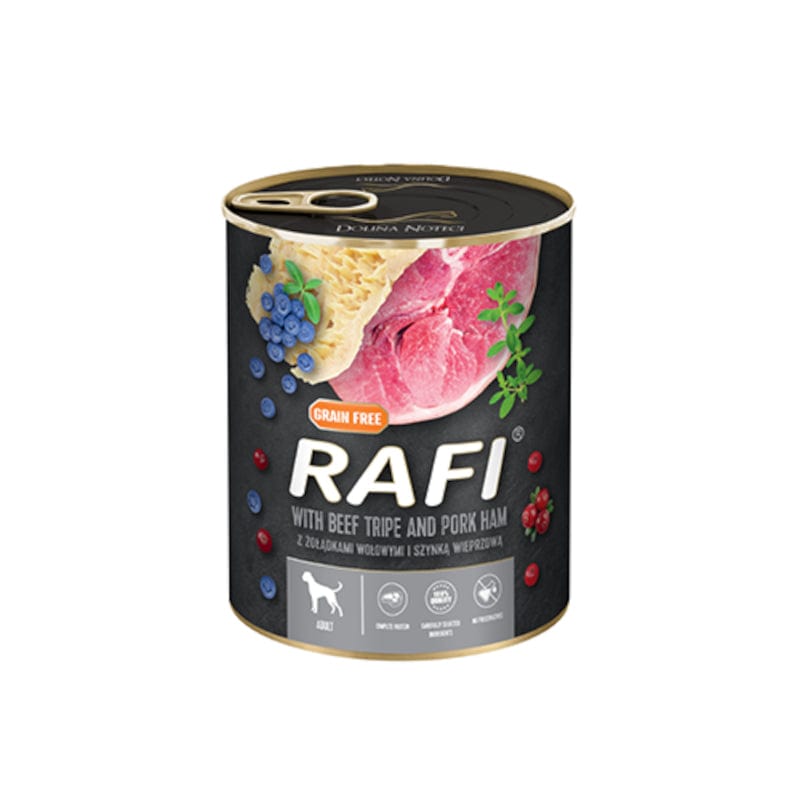 Produkt RAFI Mokra karma dla psa 24x Karma mokra dla psa RAFI z szynką żołądkami wołowymi borówką żurawiną 800 g K_S00430_24