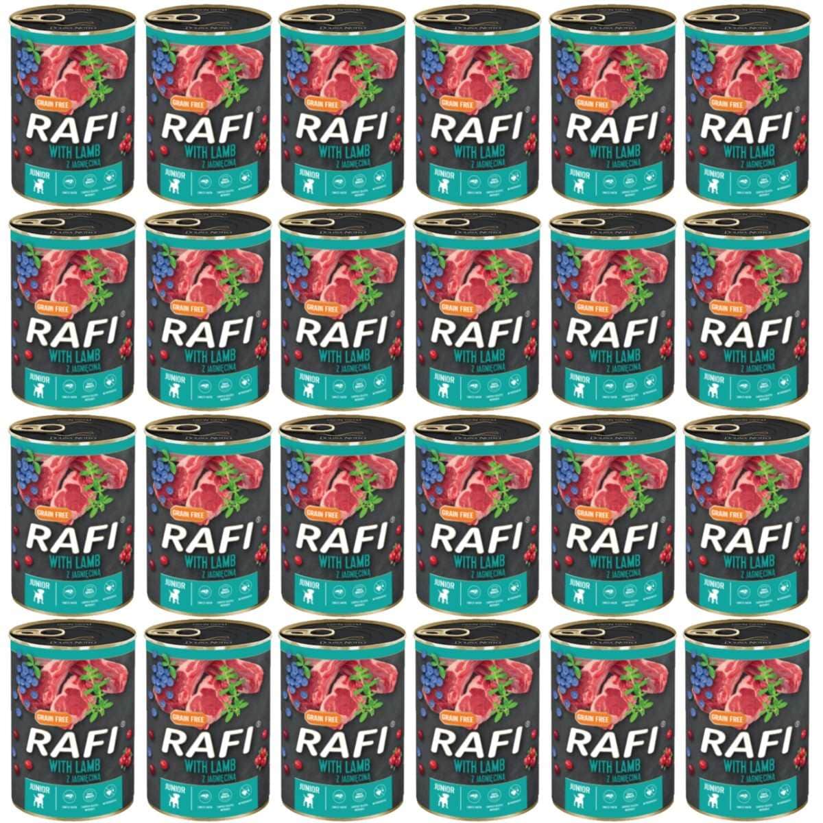 Produkt RAFI Mokra karma dla psa 24x Rafi pasztet junior z jagnięciną, żurawiną i borówką 400G K_S00281_24