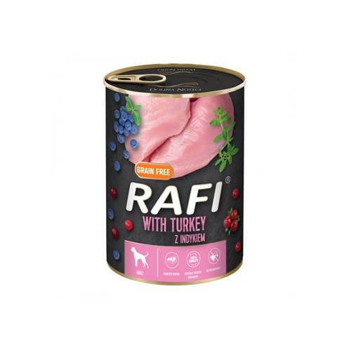 Produkt RAFI Mokra karma dla psa RAFI Z INDYKIEM, BORÓWKĄ I ŻURAWINĄ - KARMA DLA PSA 400G S00273