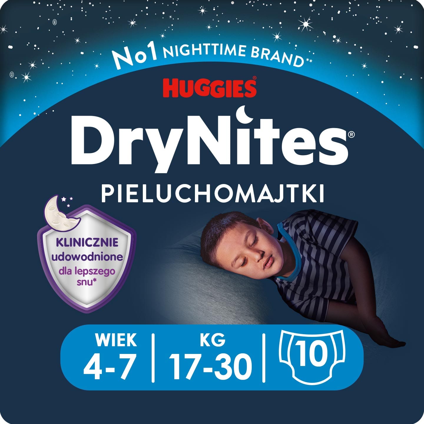 Produkt HUGGIES Pieluchomajtki Pieluchomajtki HUGGIES na noc dla chłopca DryNites Boy 4-7 lat (17-30kg) 10 szt 013825