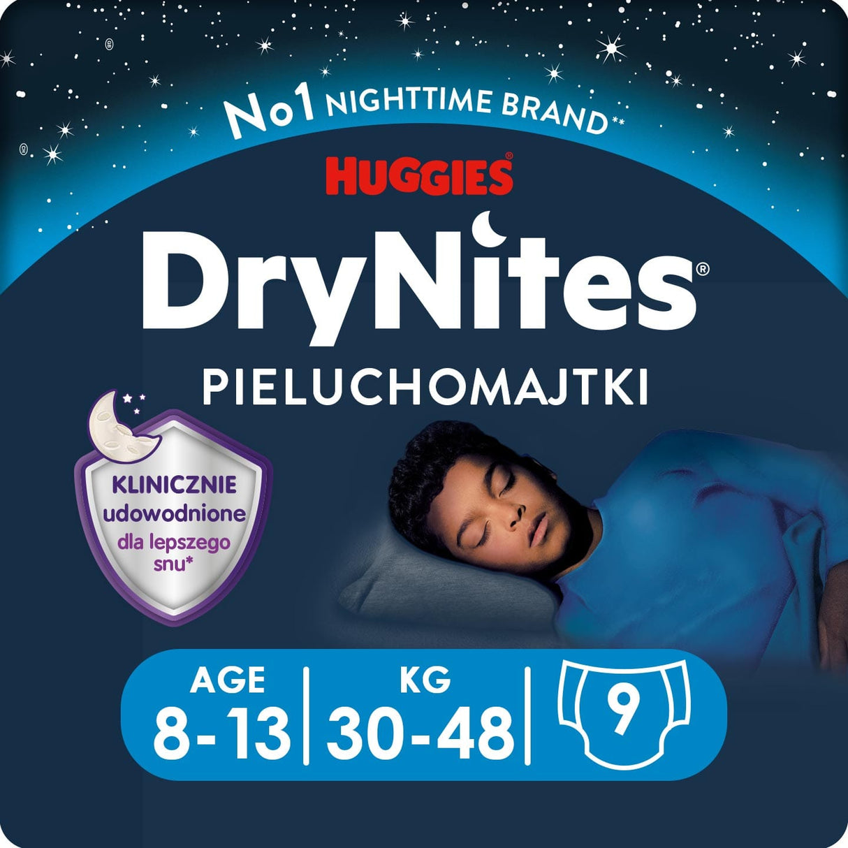 Produkt HUGGIES Pieluchomajtki Pieluchomajtki HUGGIES na noc dla chłopca DryNites Boy 8-13 lat (30-48kg) 9 szt 013827