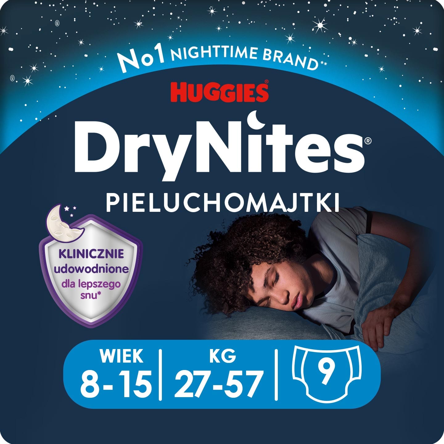 Produkt HUGGIES Pieluchomajtki Pieluchomajtki HUGGIES na noc dla chłopca DryNites Boy 8-15 lat (27-57kg) 9 szt 013827