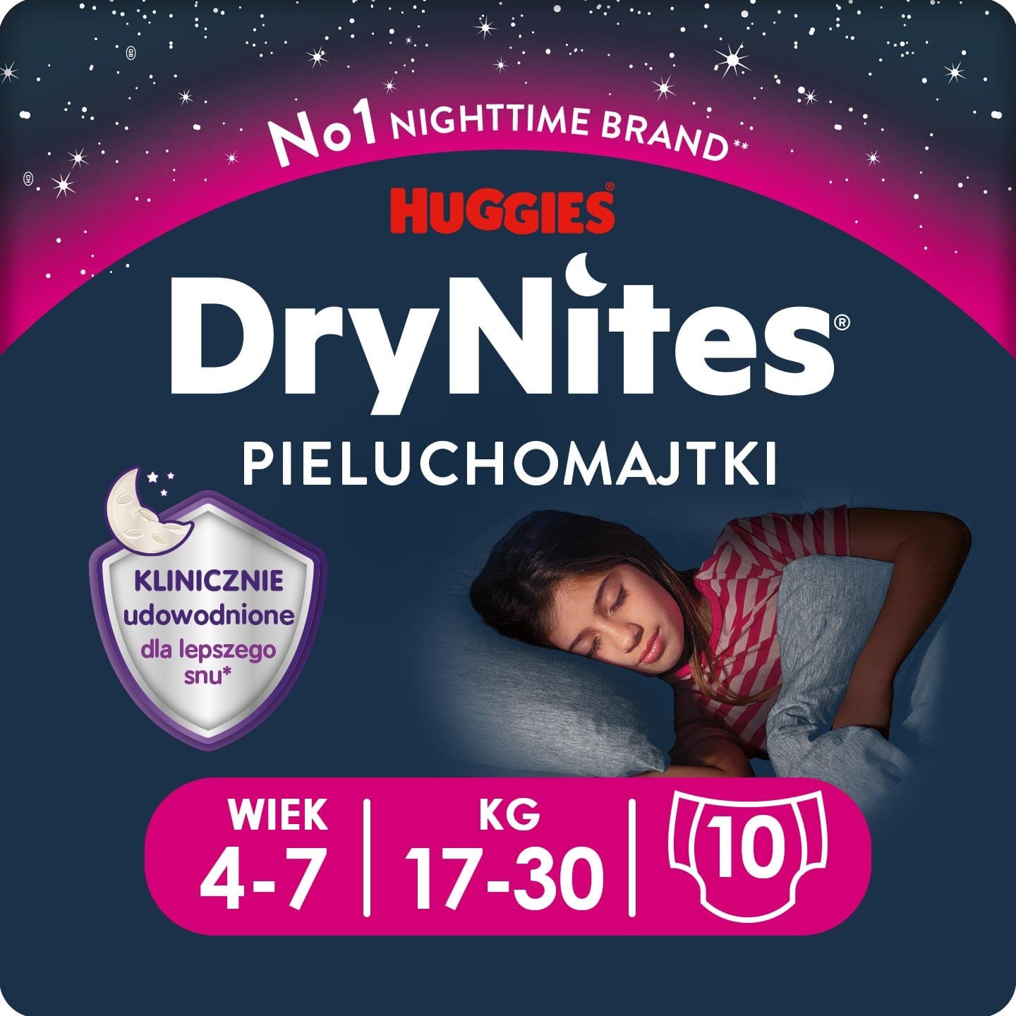 Produkt HUGGIES Pieluchomajtki Pieluchomajtki HUGGIES na noc dla dziewczynki DryNites Girl 4-7 lat (17-30kg) 10 szt 013826