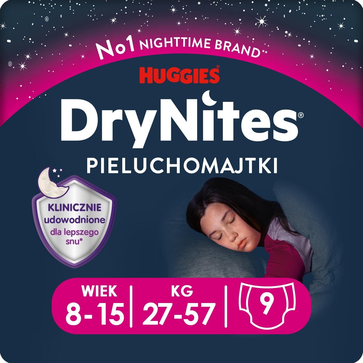Produkt HUGGIES Pieluchomajtki Pieluchomajtki HUGGIES na noc dla dziewczynki DryNites Girl 8-15 lat (27-57kg) 9 szt 013828