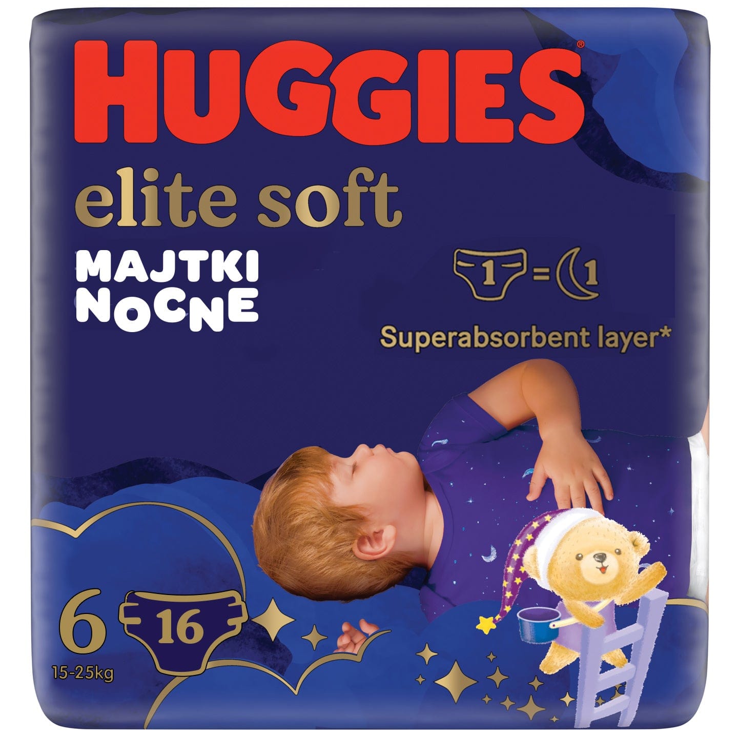 Produkt HUGGIES Pieluchomajtki Pieluchomajtki HUGGIES na noc Elite Soft Night Pants rozmiar 6 (15-25kg) 16 szt 027007