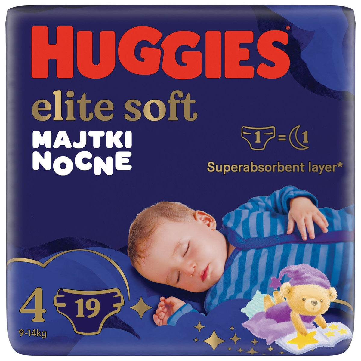 Produkt HUGGIES Pieluchomajtki Pieluchomajtki na noc HUGGIES Elite Soft Night Pants rozmiar 4 (9-14kg) 19 szt 026821