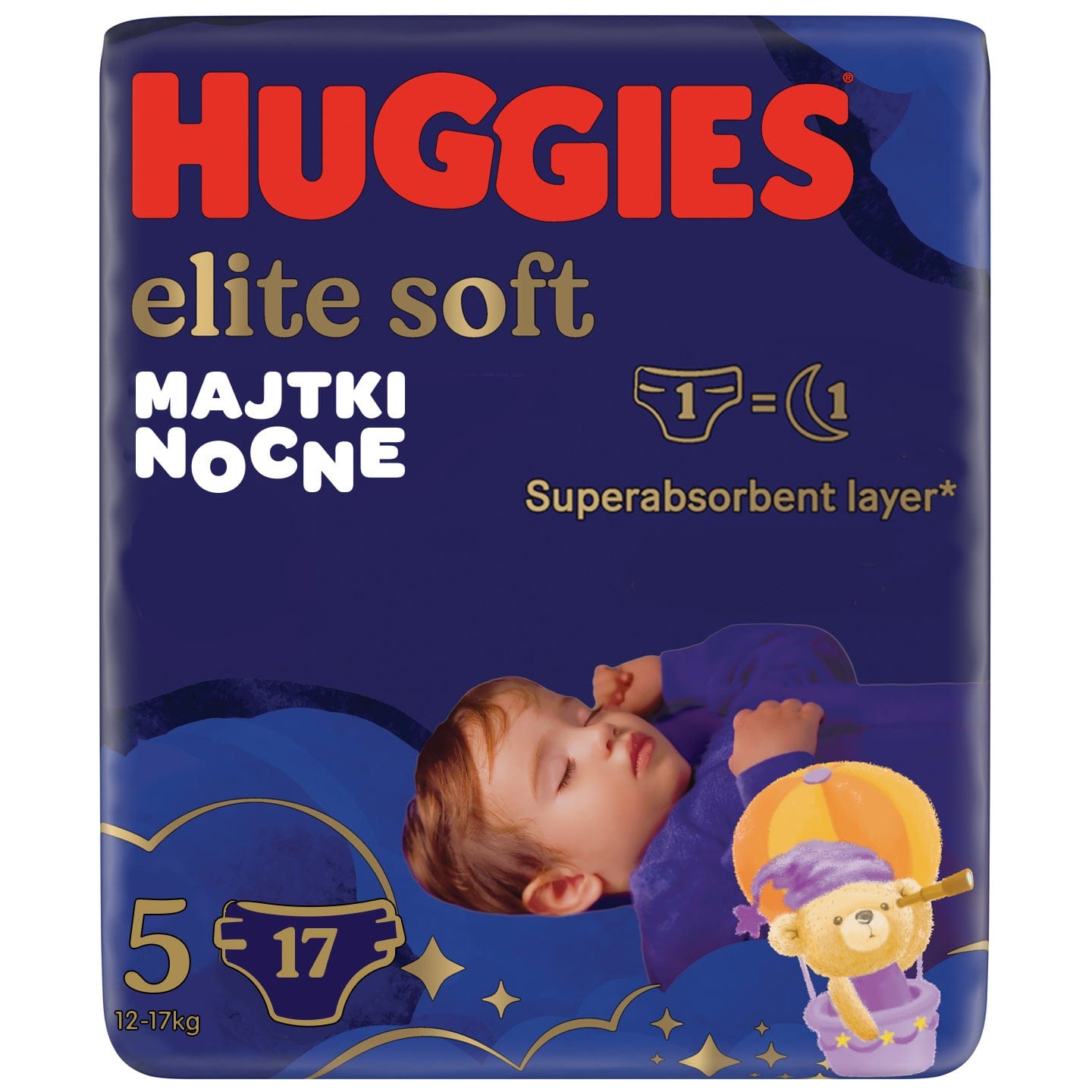 Produkt HUGGIES Pieluchomajtki Pieluchomajtki na noc HUGGIES Elite Soft Night Pants rozmiar 5 (12-17kg) 17 szt 026822