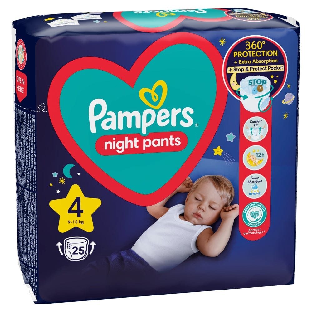 Produkt PAMPERS Pieluchomajtki Pieluchomajtki PAMPERS Night Pants rozmiar 4 (9-15 kg) 25szt 032761