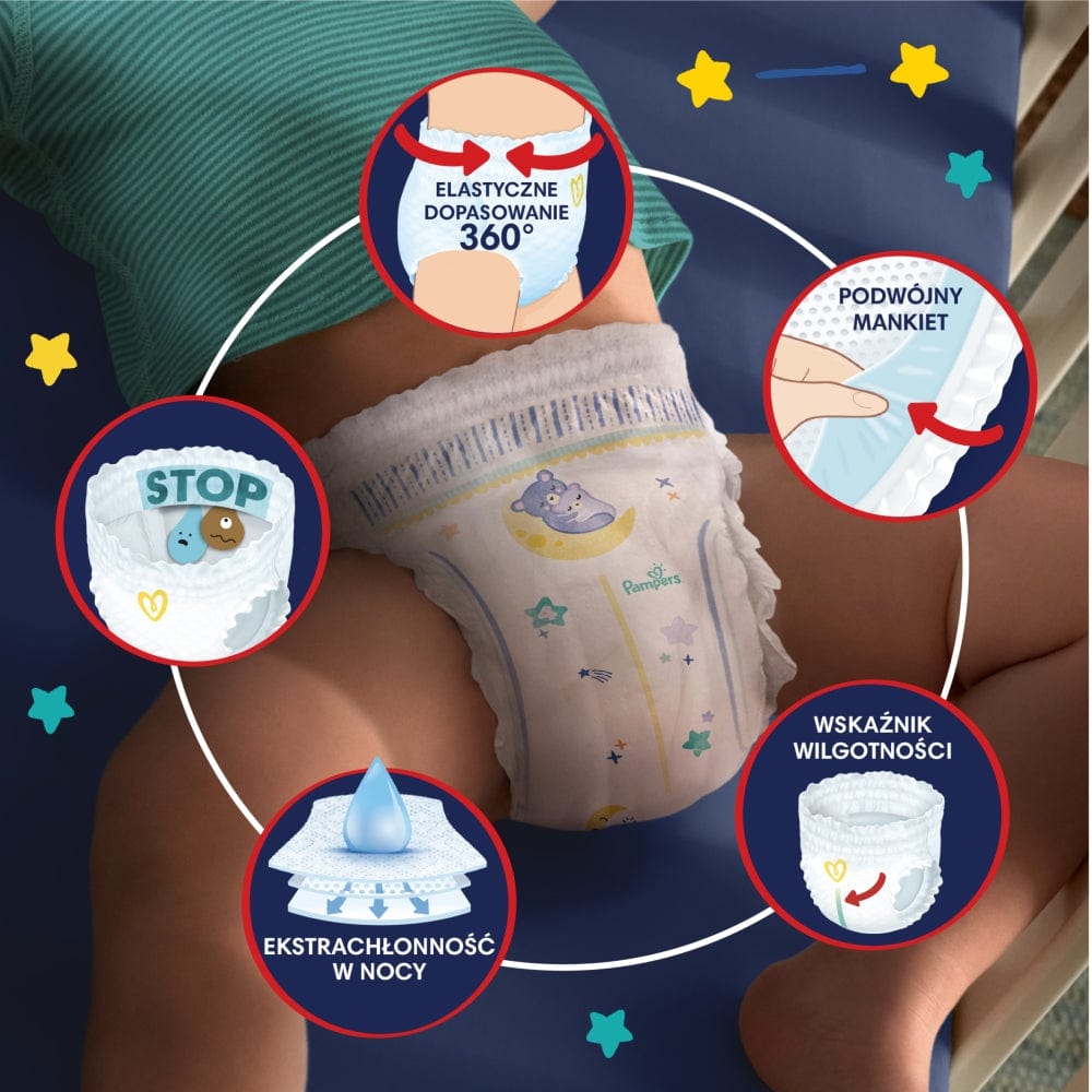 Produkt PAMPERS Pieluchomajtki Pieluchomajtki PAMPERS Night Pants rozmiar 4 (9-15 kg) 25szt 032761