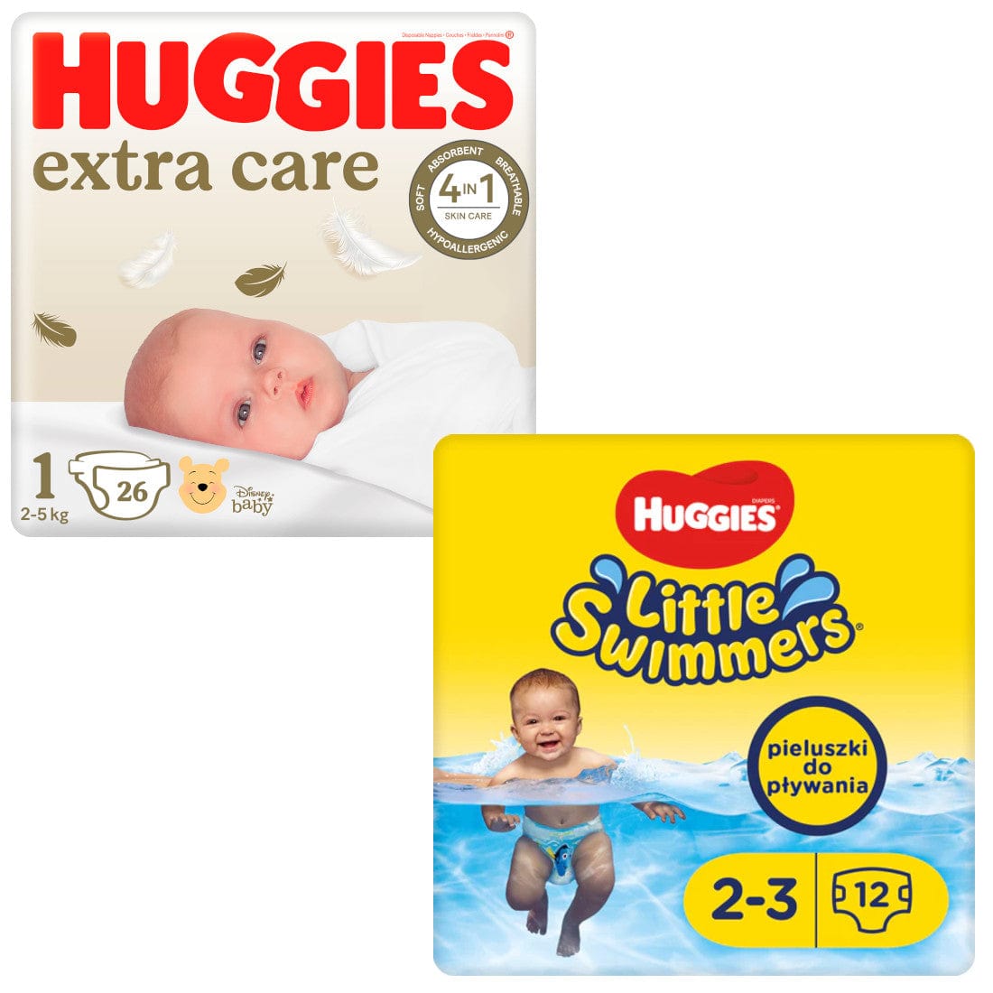 Produkt HUGGIES Pieluchy Pieluszki HUGGIES Elite Soft Newborn 1 (3-5kg) 26 szt + Little Swimmers 2-3 (3-8 kg) 12 szt Z00352