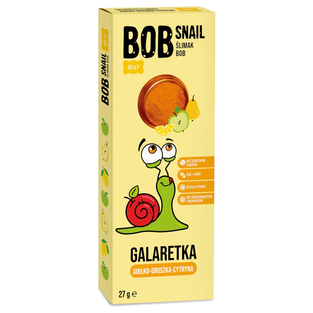 Produkt BOB SNAIL (żelki) Przekąska BOB SNAIL 27g Jabłko Gruszka Cytryna Galaretka bez dodatku cukru 001957