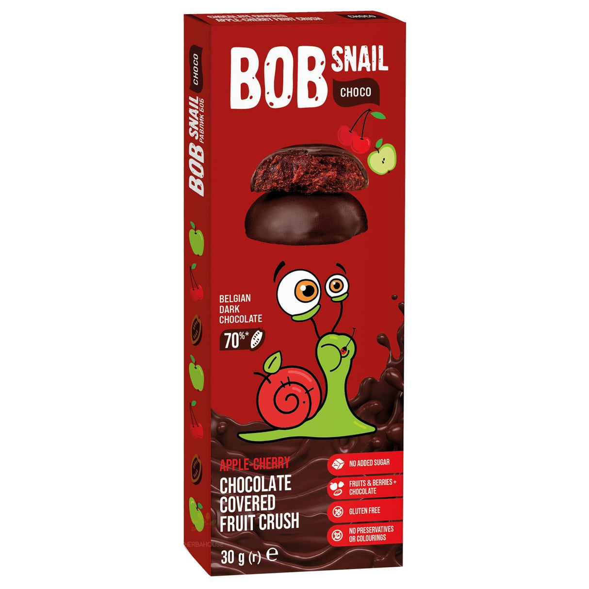 Produkt BOB SNAIL (żelki) Przekąska BOB SNAIL 30g Jabłko Wiśnia w ciemnej czekoladzie belgijskiej Przekąska 001962