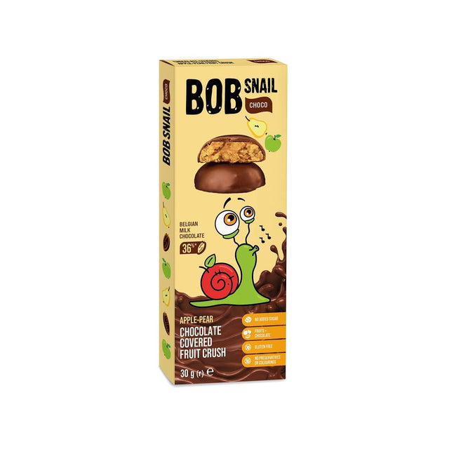 Produkt BOB SNAIL Przekąska BOB SNAIL Przekąska w mlecznej Belgijskiej czekoladzie Jabłko - Gruszka bez dodatku cukru bezglutenowa 30g 4820219341611