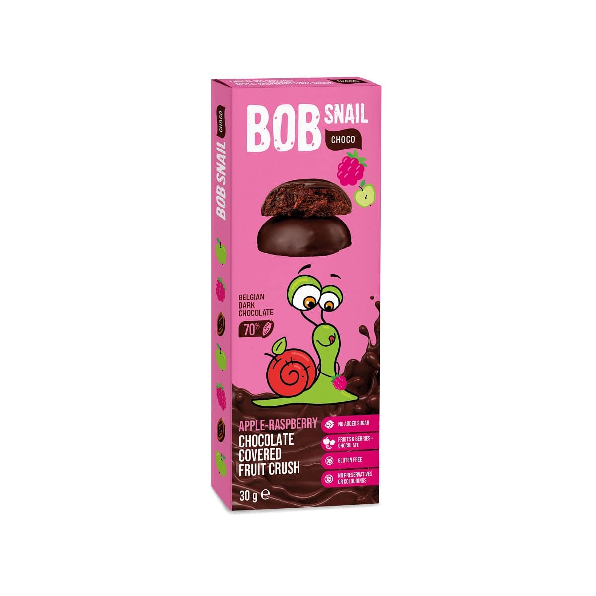 Produkt BOB SNAIL Przekąska BOB SNAIL Przekąska w mlecznej Belgijskiej czekoladzie Jabłko - Malina bez dodatku cukru bezglutenowa 30g 4820219341307