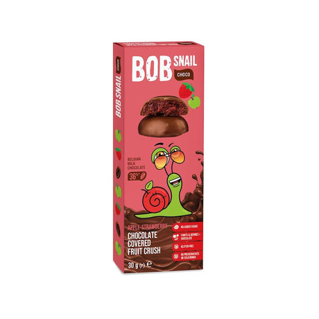 Produkt BOB SNAIL Przekąska BOB SNAIL Przekąska w mlecznej Belgijskiej czekoladzie Jabłko - Truskawka bez dodatku cukru bezglutenowa 30g 4820219341321