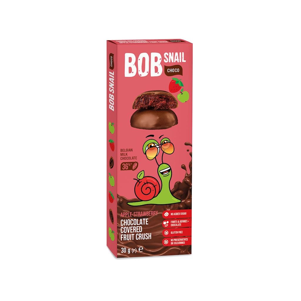 Produkt BOB SNAIL Przekąska BOB SNAIL Przekąska w mlecznej Belgijskiej czekoladzie Jabłko - Truskawka bez dodatku cukru bezglutenowa 30g 4820219341321