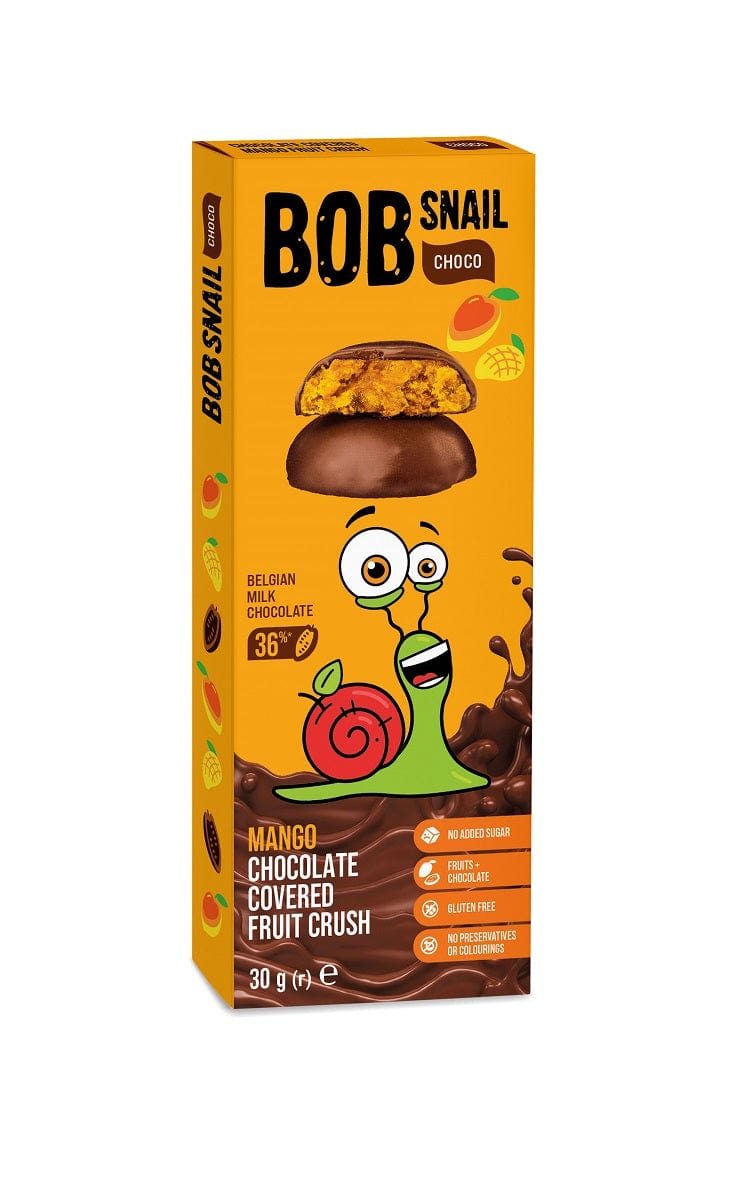 Produkt BOB SNAIL Przekąska BOB SNAIL Przekąska w mlecznej Belgijskiej czekoladzie Mango bez dodatku cukru bezglutenowa 30g 047661